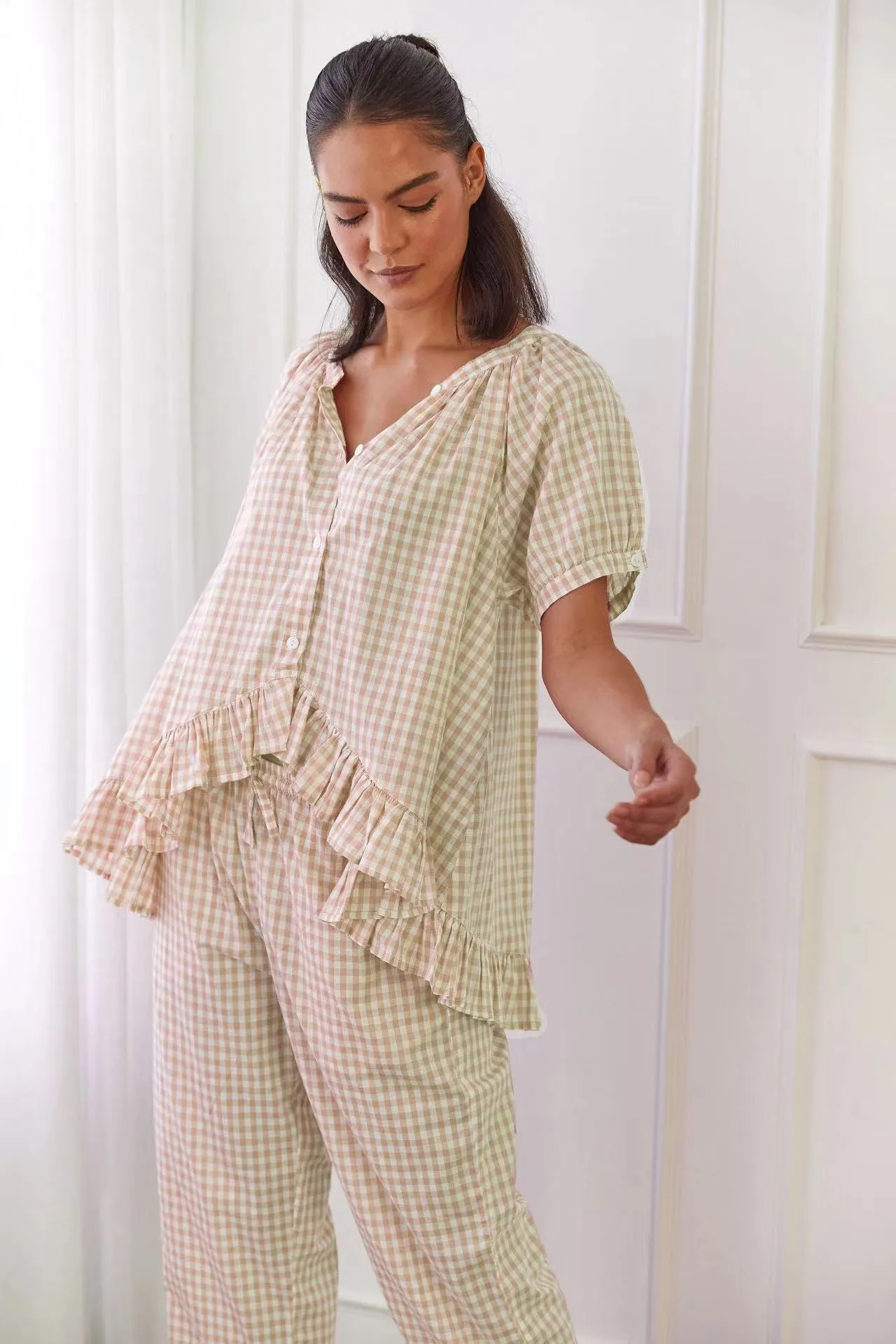 Casual Ruffled Plaid Print Shirt Pajama Set