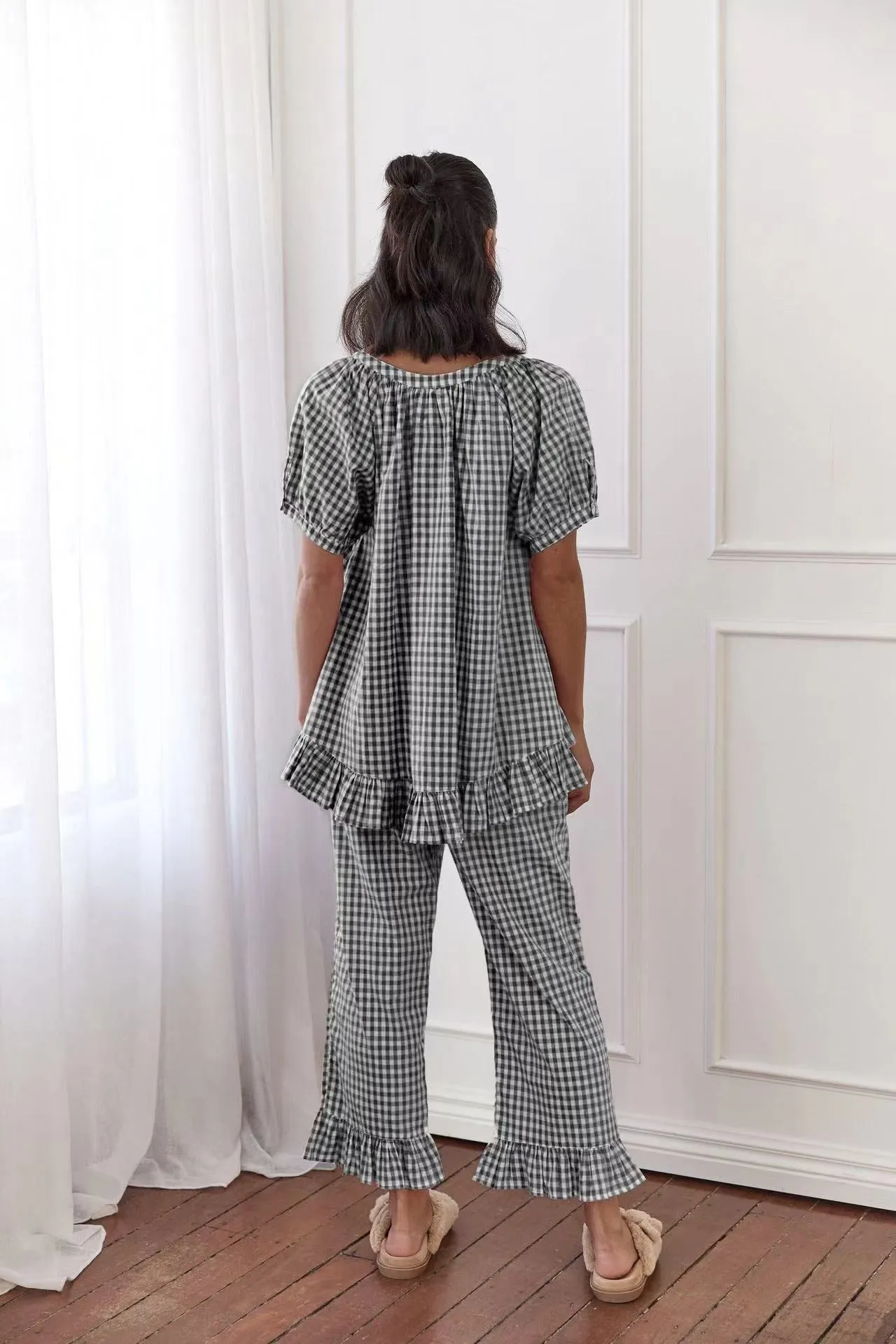 Casual Ruffled Plaid Print Shirt Pajama Set
