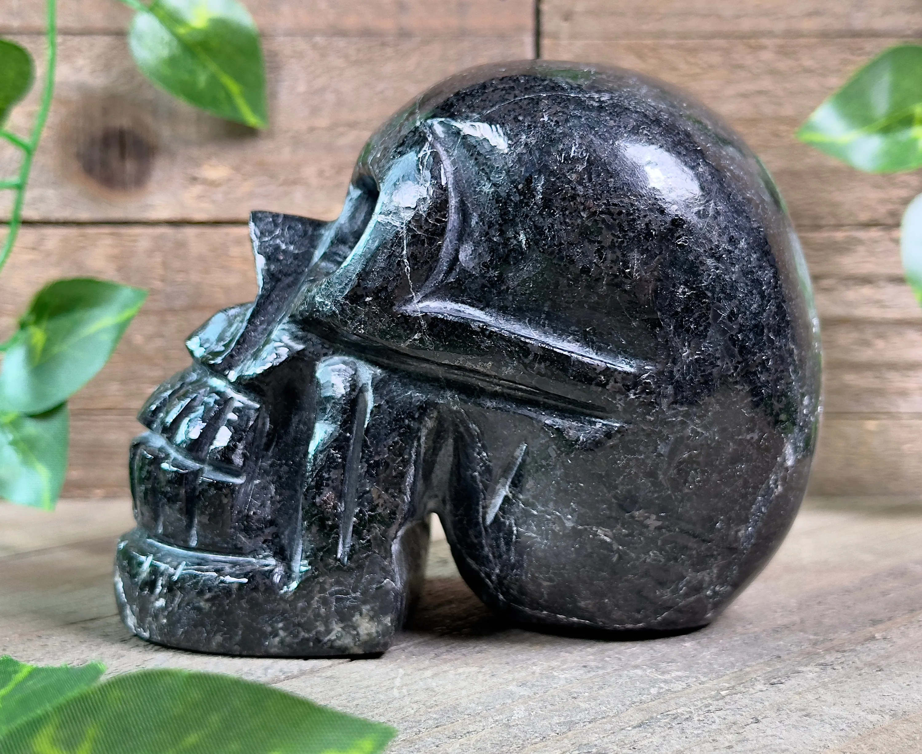 COPPERNITE Indian NUUMMITE Crystal Skull - Large - Gothic Home Decor, Memento Mori, Halloween Decor, 53127